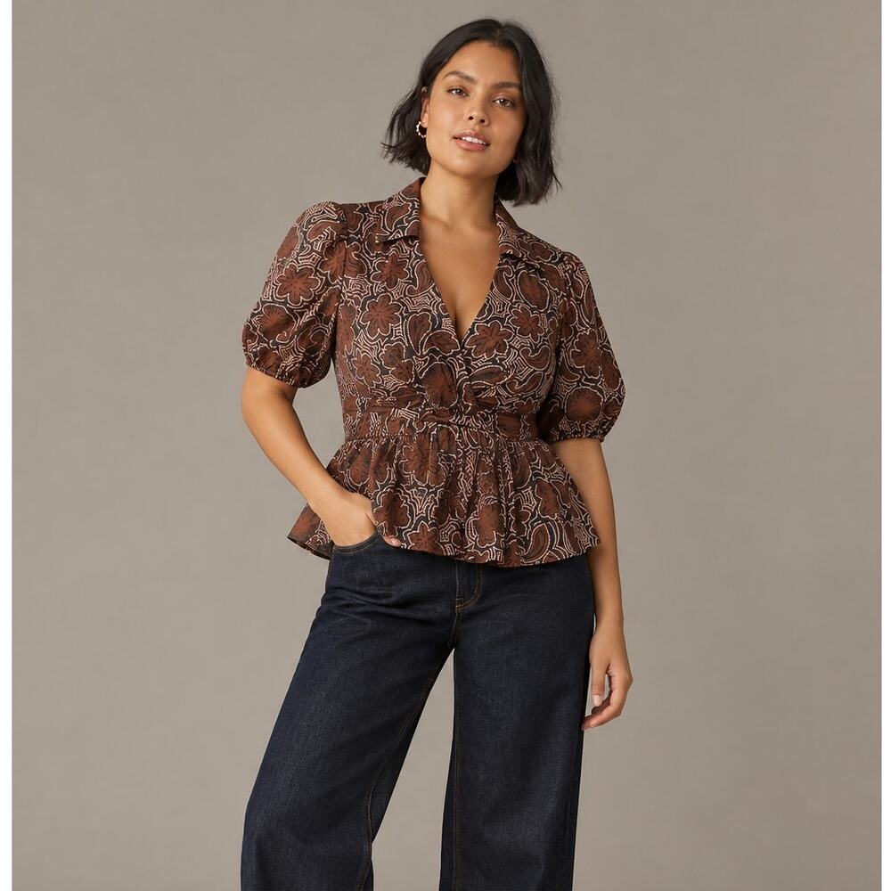 HUTCH | NWT Fowler Puff Sleeve Peplum Top in Black/Copper Floral S